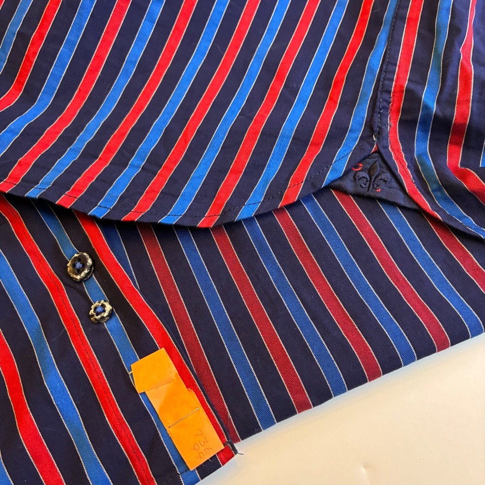 Fleur De Lis Mens 2XL Button Down Shirt Blokecore Club Striped Red Blue LS Party - Picture 9 of 13